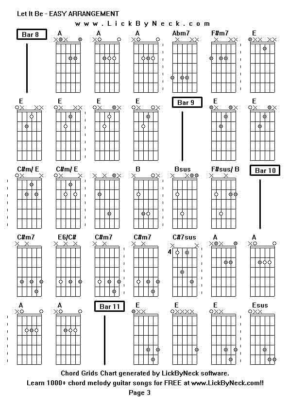 Chord Grids Chart of chord melody fingerstyle guitar song-Let It Be - EASY ARRANGEMENT,generated by LickByNeck software.